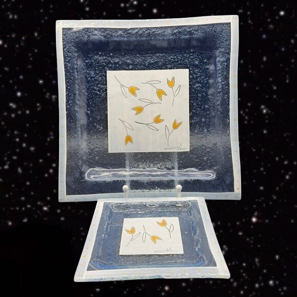 Fused Art Glass Plate set 2 Hand Painted Flowers 2001 Marked 9.5”W 5.5”W - Picture 1 of 10